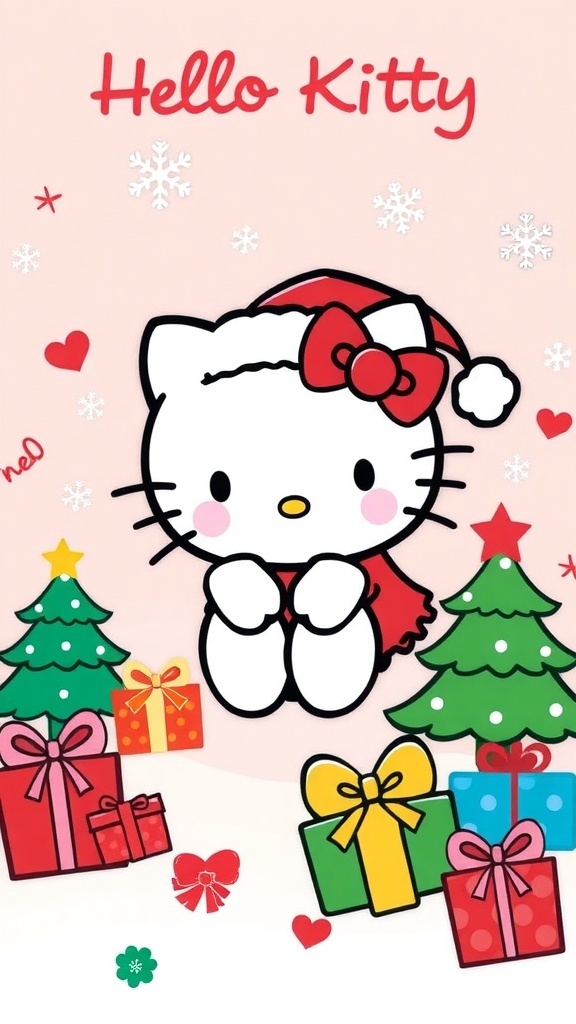 Hello Kitty in Christmas attire with festive decorations on a cheerful wallpaper.